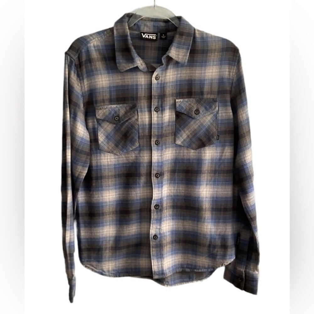 Vans Off the Wall Blue Gray Plaid Long Sleeve Button Down Flannel Shirt Size S
